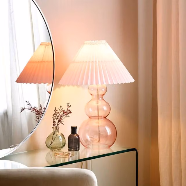 Wyld and Coco Modern Table Lamp with Pink Glass Base and White Fabric Shade