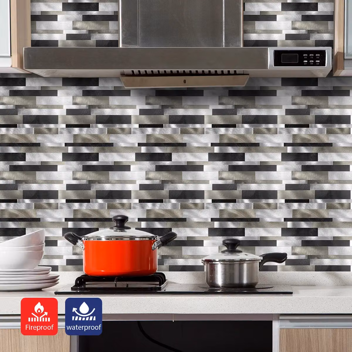 ENER-J Silver Metallic Peel and Stick Aluminium Wall Tiles, Pack of 4, W: 303 mm, D: 297 mm, H: 4 mm – 3