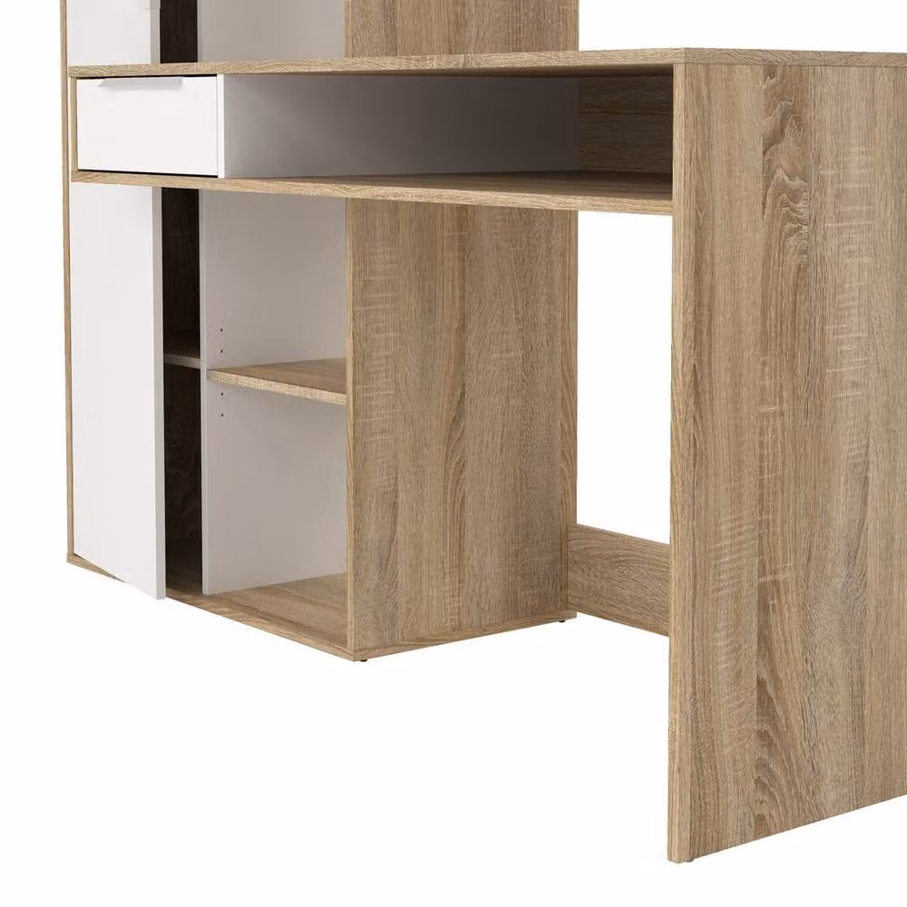 CALICOSY Modern Desk with 1 Drawer, 1 Door and 5 Shelves in Oak, White and Beige Finish – 3
