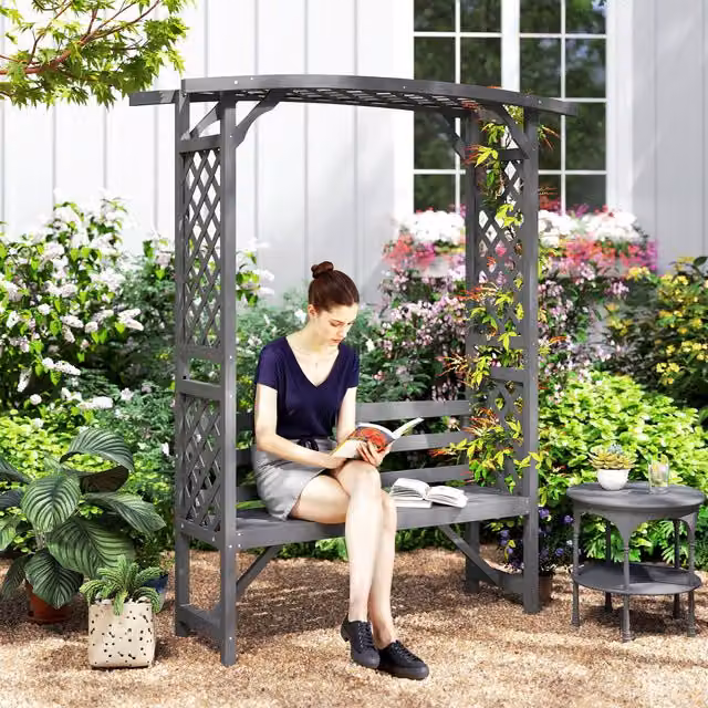 Outsunny Arch Pergola with Integrated Garden Bench Seat in Grey