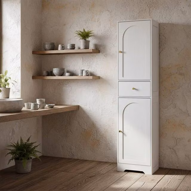Wyld Haus Remodi Tall Bathroom Storage Cabinet in White with Gold Details, H 170 x W 40 x D 29.5 cm – 1
