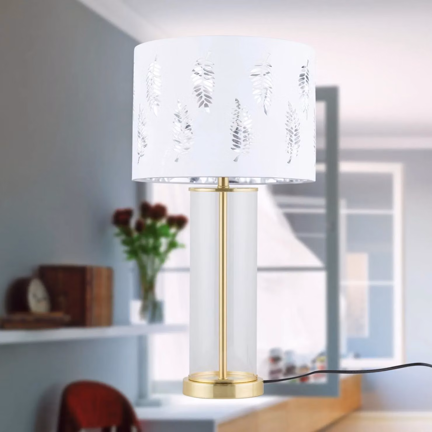 First Choice Lighting Aura Set of 2 Table Lamps in Satin Brass and White with Fern Cut Out Glass Shades – 3