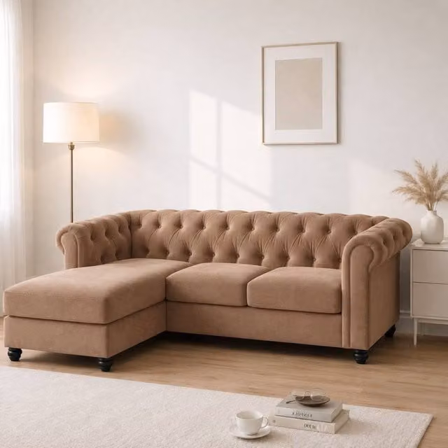 Sofaya Hampton 3 Seater L Shape Chesterfield Sofa in Camel Velvet with Left Hand Chaise
