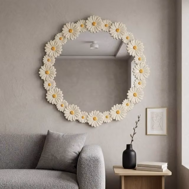 Garden Greatness Maison Multi Daisy Flower Framed Round Wall Mirror in Multicolour and White, Diameter: 70 cm