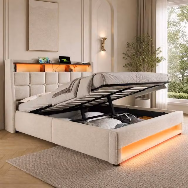 STILVORA Upholstered 5ft King Bed in Beige with LED Lighting, USB Charging Ports and Lift-Up Storage Base (W/D/H: 180 x 200 x 117 cm)