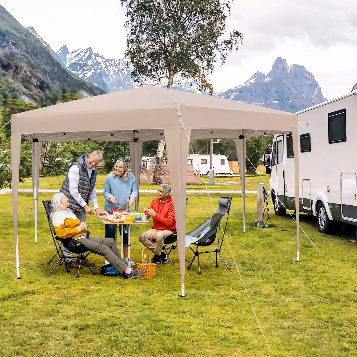 Gymax Hexagonal Pop-Up Canopy Tent with Dressed Legs in Beige, W: 400 cm, D: 348 cm – 5