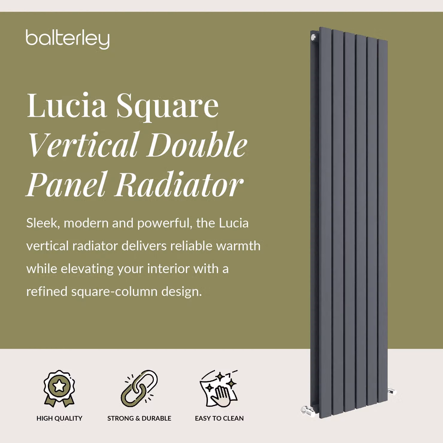 Balterley Lucia Square Vertical Double Panel Radiator, Grey Anthracite, H: 150 cm x W: 35.4 cm – 2