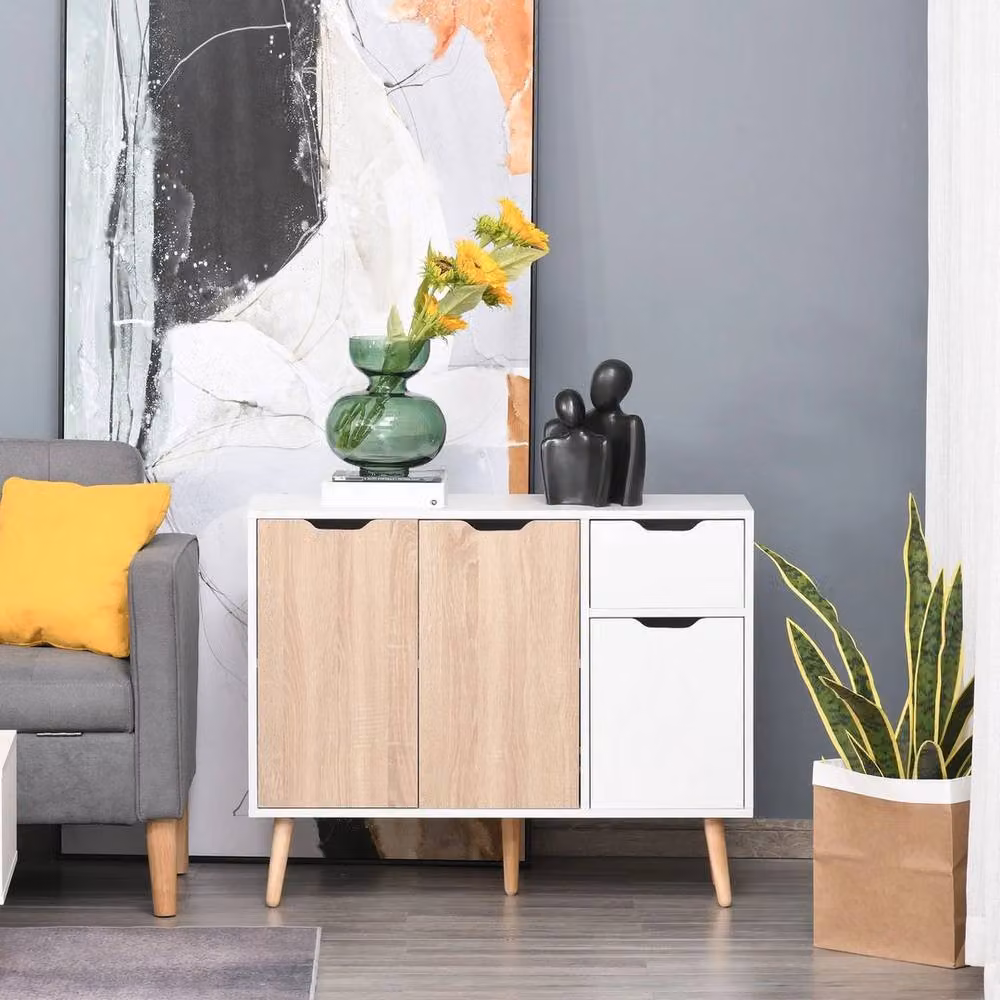 PAWNORA Scandinavian Style Floor Standing Sideboard with Drawer in White and Multicolour – 2
