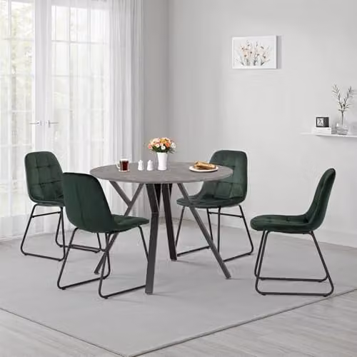 Seconique Athens Round Dining Set with 4 Lukas Chairs in Concrete and Green – 4