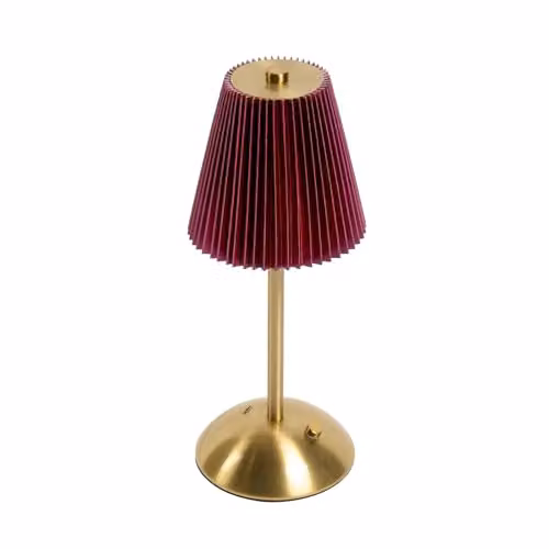 OHS Pleated LED Rechargeable Cordless Table Lamp in Red with Gold/Brass Accents