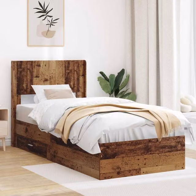 Berkfield Home Modern Bed Frame with Headboard and Storage Drawers in Old Wood Brown, W/D/H: 90 x 200 cm