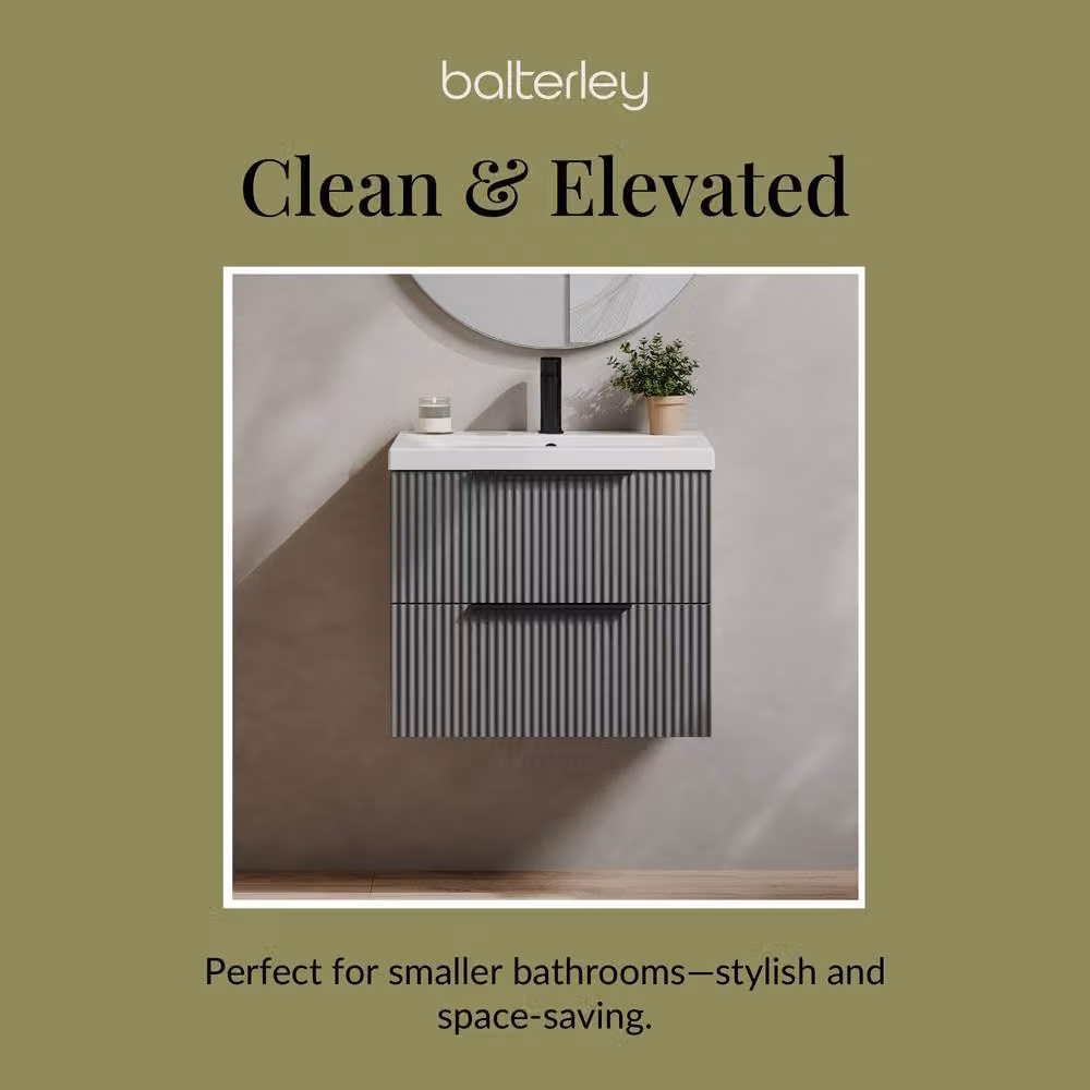 Balterley Fluted Front Wall Hung 2 Drawer Vanity Basin Unit, Satin Grey, W: 60 cm, D: 54 cm, H: 60 cm – 3