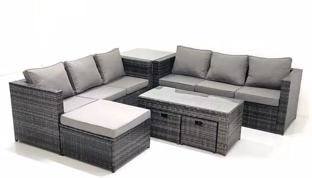 Fimous Modern U-Shape Rattan Outdoor Sofa Set with Coffee Table and Ottoman in Dark Grey Mixed