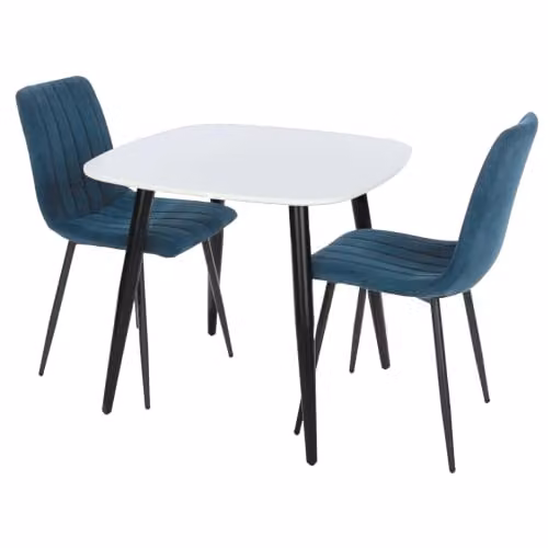 Core Products Aspen 3-Piece Dining Set with Square White Wood Table and 2 Blue Upholstered Fabric Chairs with Black Metal Legs