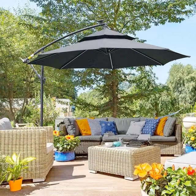 Outsunny Black Cantilever Banana Parasol with Double Roof and LED Lighting