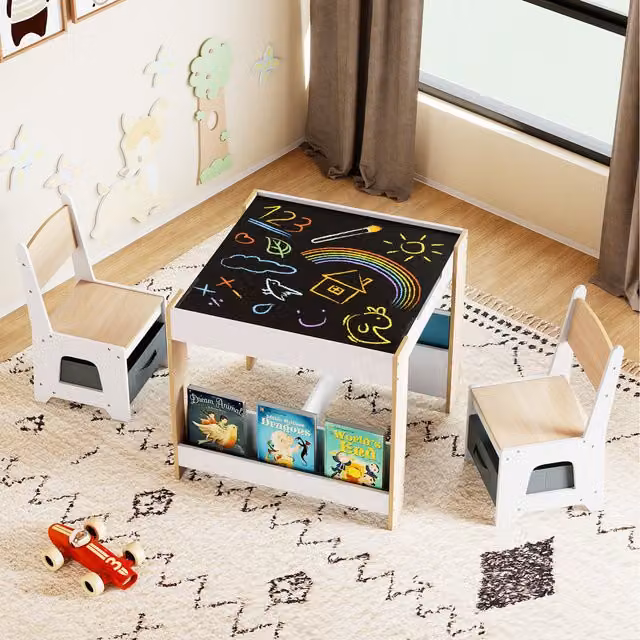 COSTWAY Toddler Activity Desk Set with Reversible Board in Beige, Brown and White