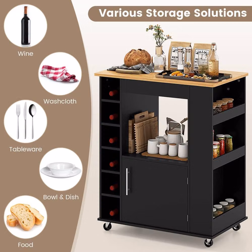 Gymax Black Kitchen Island Food Storage Cabinet Trolley Cart with 6 Wine Racks – 5