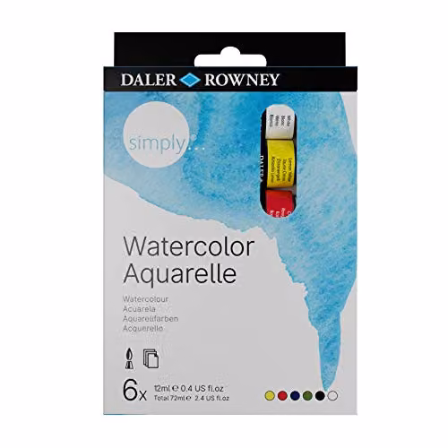 Daler-Rowney Simply Watercolour Paint Set, 6 Assorted Colours, 12 ml per Aluminium Tube