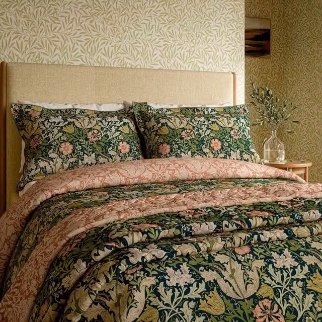 Morris & Co Compton Single Duvet Cover and Pillowcase Set, Green and Blue Floral Cotton Percale