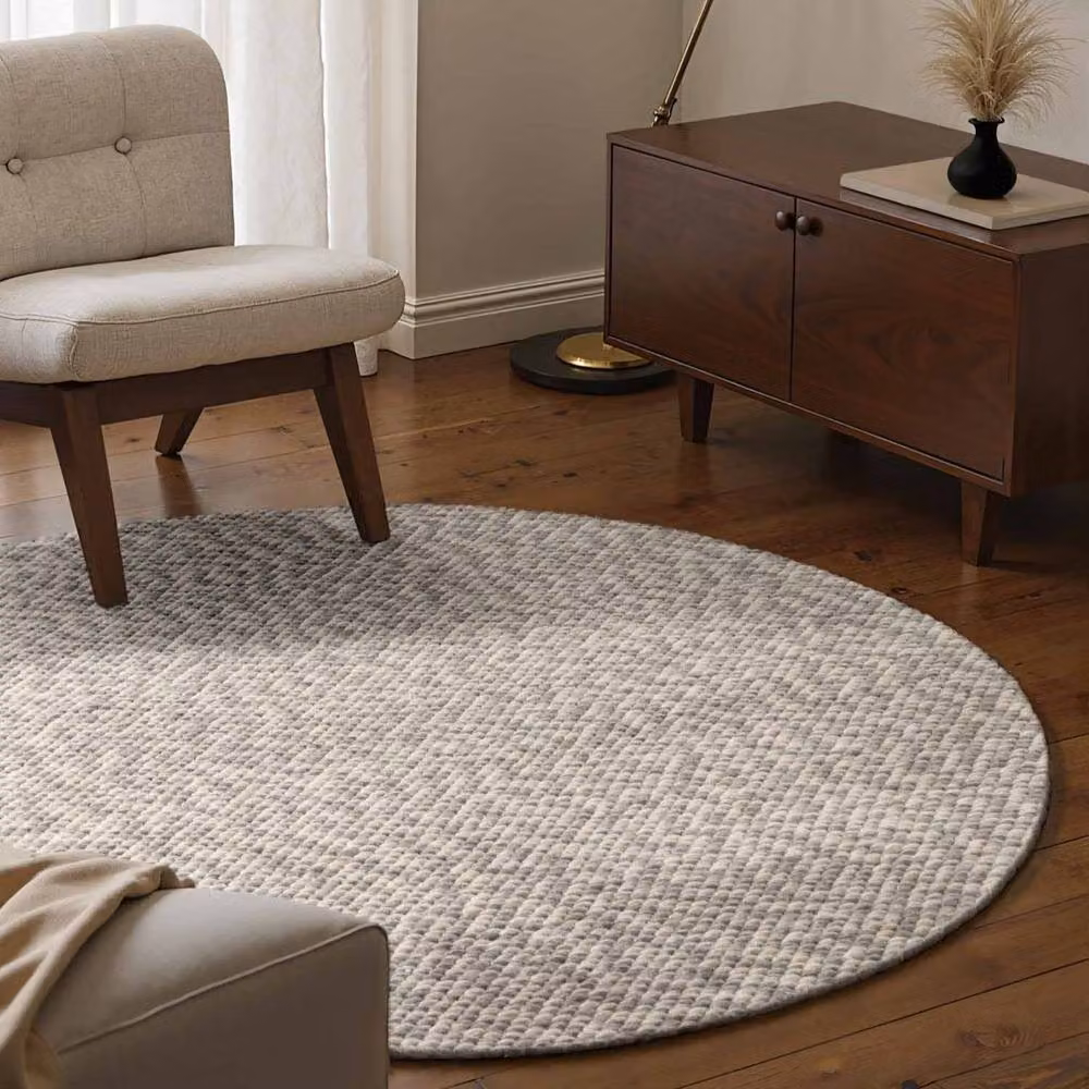 THE RUGS Lyon Handwoven Wool and Cotton Beans Round Rug in Grey and Beige, Diameter: 200 cm – 3