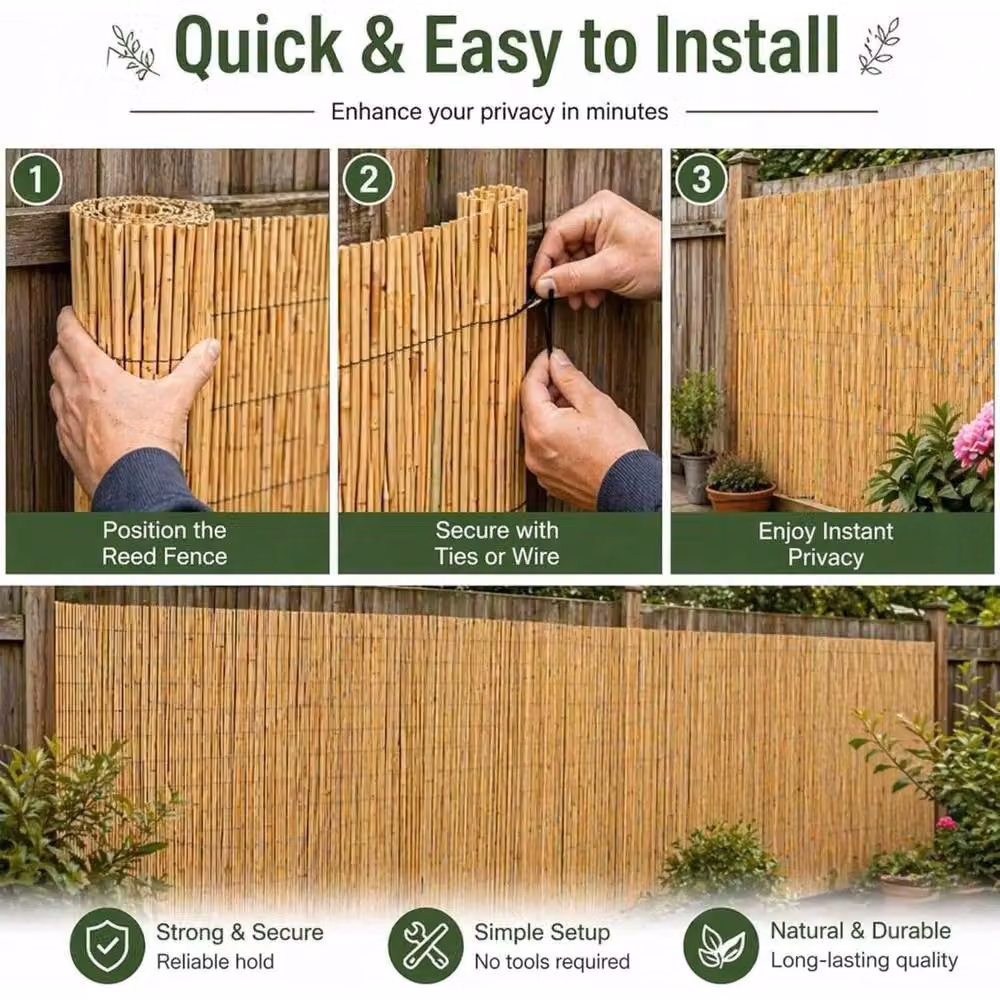 VOGREX Woven Bamboo Reed Garden Fence Panel, Beige, W: 300 cm, H: 120 cm – 2