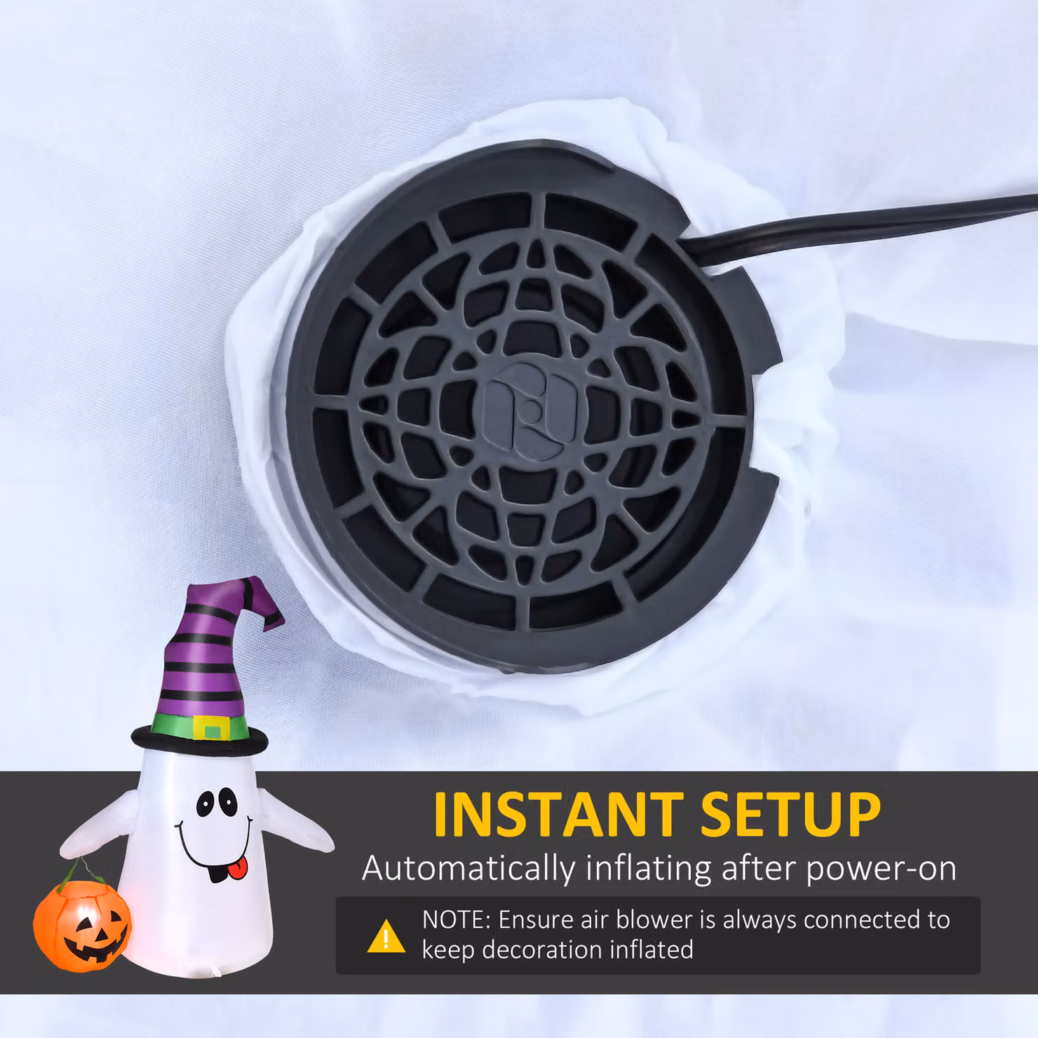 HOMCOM 1.2m Witch Ghost Halloween Inflatable Decoration with LED Lights and Pumpkin Lantern in White – 6