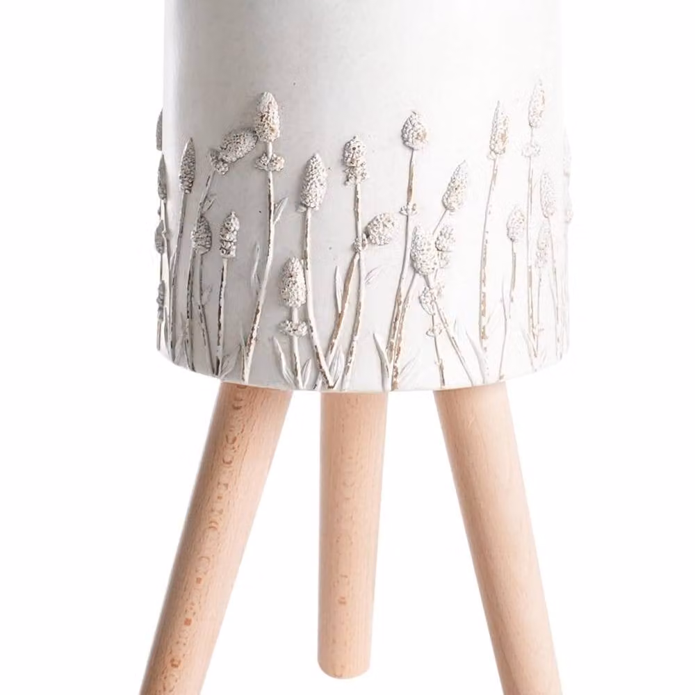 Wyld and Coco Heritage Distressed Off-White Plant Pot with Beechwood Legs, White, W/D/H: 43.0 x 24.0 cm – 2