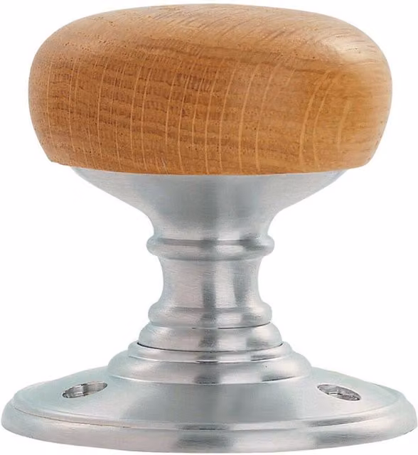 Loops Pair of Rounded Mortice Door Knobs in Oak Wood with Satin Chrome Rose, 60mm Diameter – 1