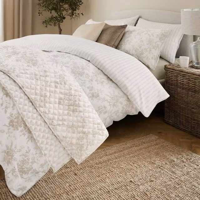 Laura Ashley Walled Garden Reversible Floral Cotton Mako Satin Duvet Cover and Pillowcase Set in Dove Grey