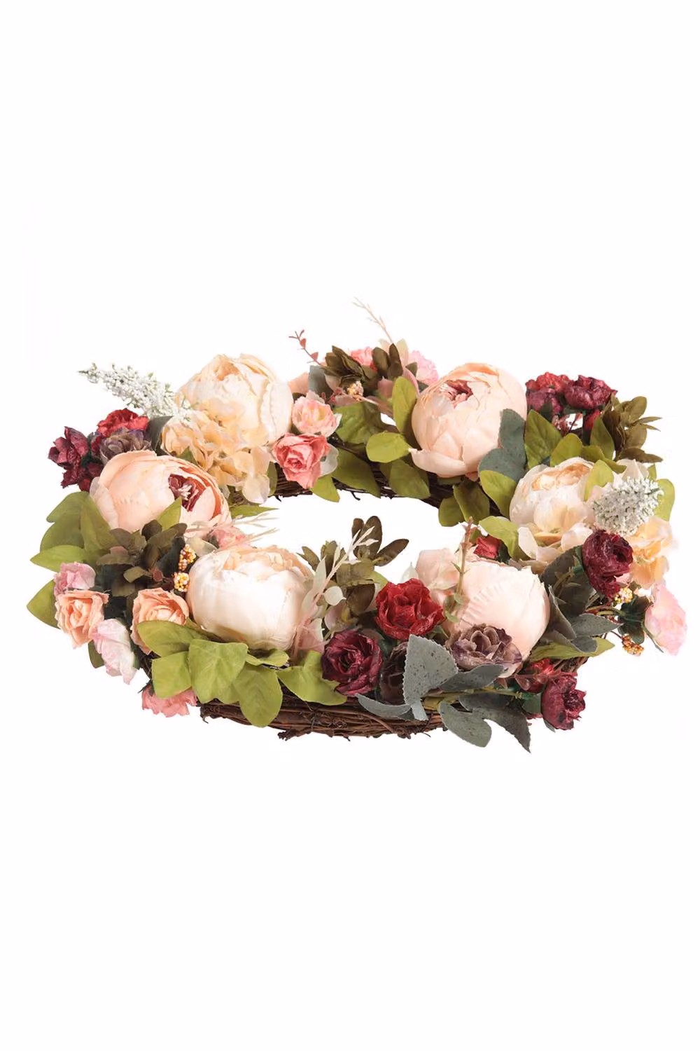 Garden Sanctuary Pink and Multicolour Artificial Peony Floral Wreath with Rattan Base, Diameter: 45 cm – 2