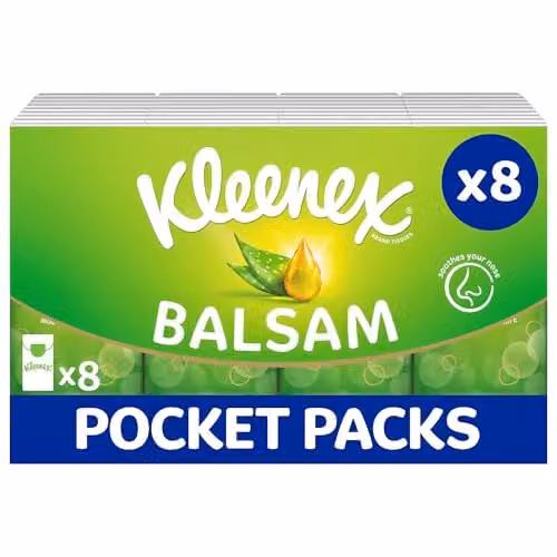 Kleenex Balsam Travel Pocket Facial Tissues Multipack of 8 Red Balmcare Tissues with Aloe Vera, Vitamin E and Calendula – 1