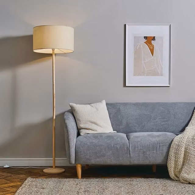 ValueLights Triston Wood Floor Lamp with Fabric Drum Shade in Natural Beige
