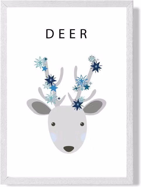 ARTZE Cute Deer with Blue Stars Framed Paper Poster, White Frame, A4 – 1