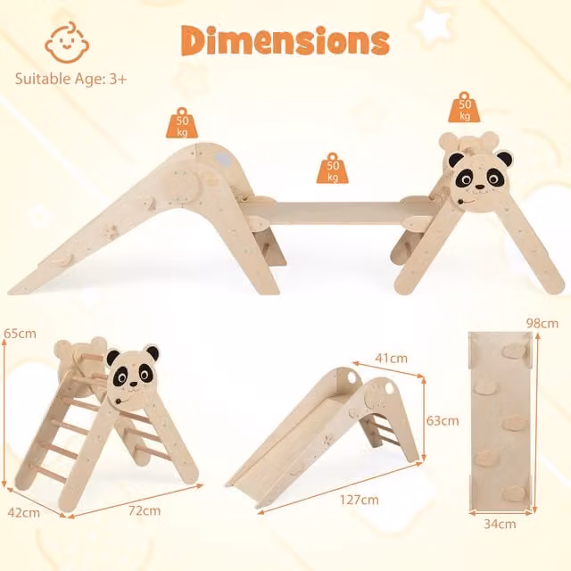 Costway Panda-Themed Montessori Wood Climbing Set in Brown and Beige