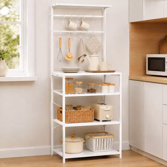 STILVORA Minimalist Freestanding Metal Shelving Unit with Wine Rack and Hooks in Matt White