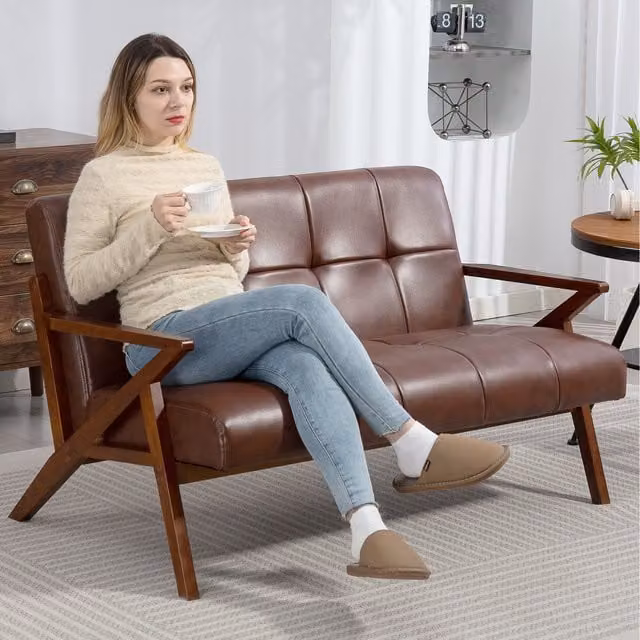 HOMCOM Compact 2 Seater Vintage Tufted Loveseat Sofa in Brown Synthetic Leather
