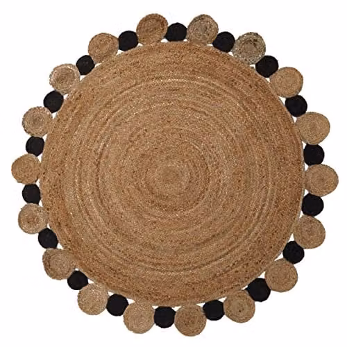 Premier Housewares Round Woven Jute Rug in Black and Multicolour, W: 152 cm, D: 152 cm, H: 1 cm