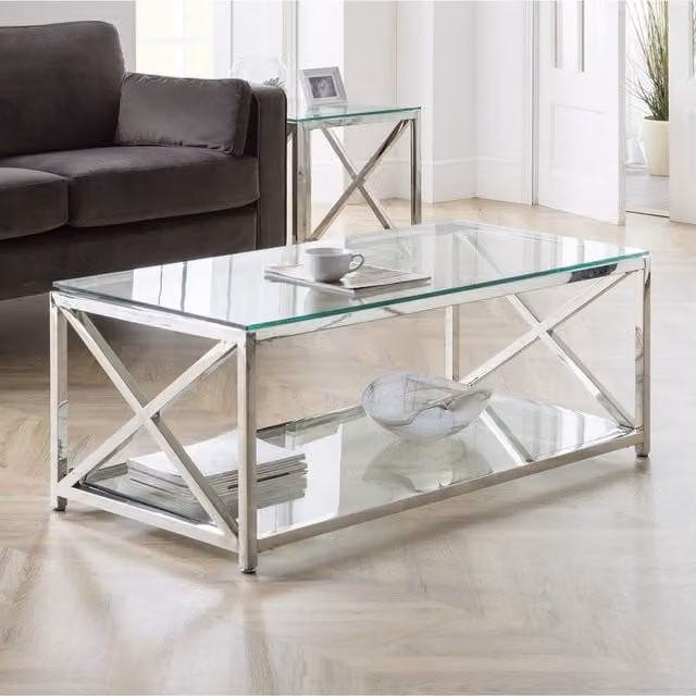 Julian Bowen Miami Art Deco Glass Top Coffee Table with X-Frame in Silver, W/D/H: 120 x 60 x 45 cm – 1