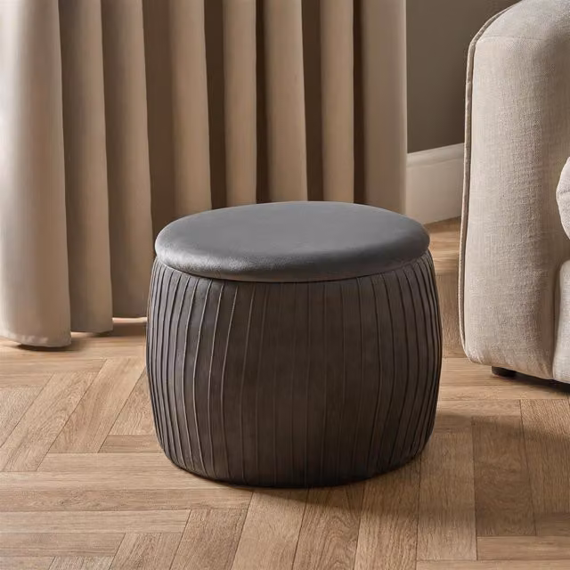 OHS Matte Velvet Pleated Cylindrical Storage Ottoman in Anthracite Grey