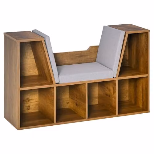HOMCOM Bookcase Storage Shelf with Cushioned Reading Seat, Rustic Brown