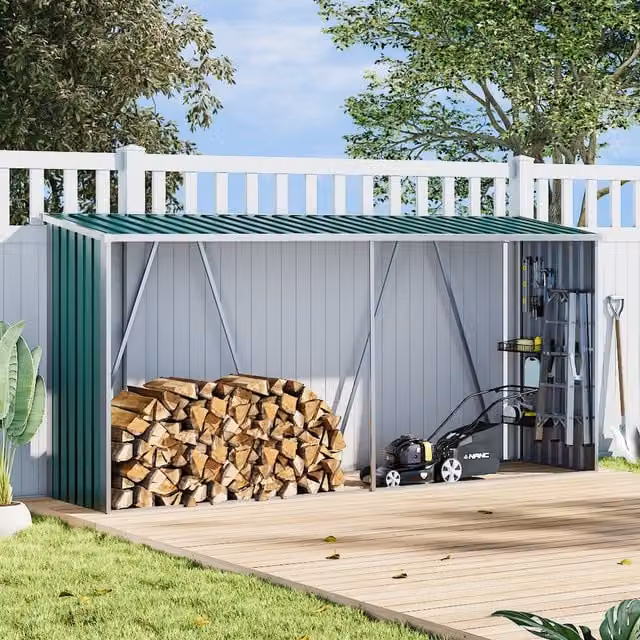 Lifeideas Green Steel Gable Outdoor Tool and Log Storage Shed