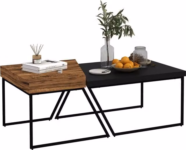 HOMCOM Set of 2 Industrial Geometric Coffee Tables with Black Steel Frame and Wood Tops – 1