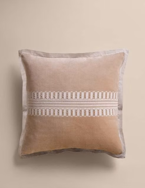 M&S Pure Cotton Velvet Embroidery Panel Cushion in Biscuit Beige