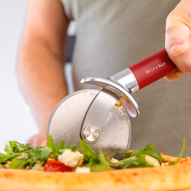 KitchenAid Pizza Cutter in Red, Stainless Steel with Ergonomic Handle and Finger Guard