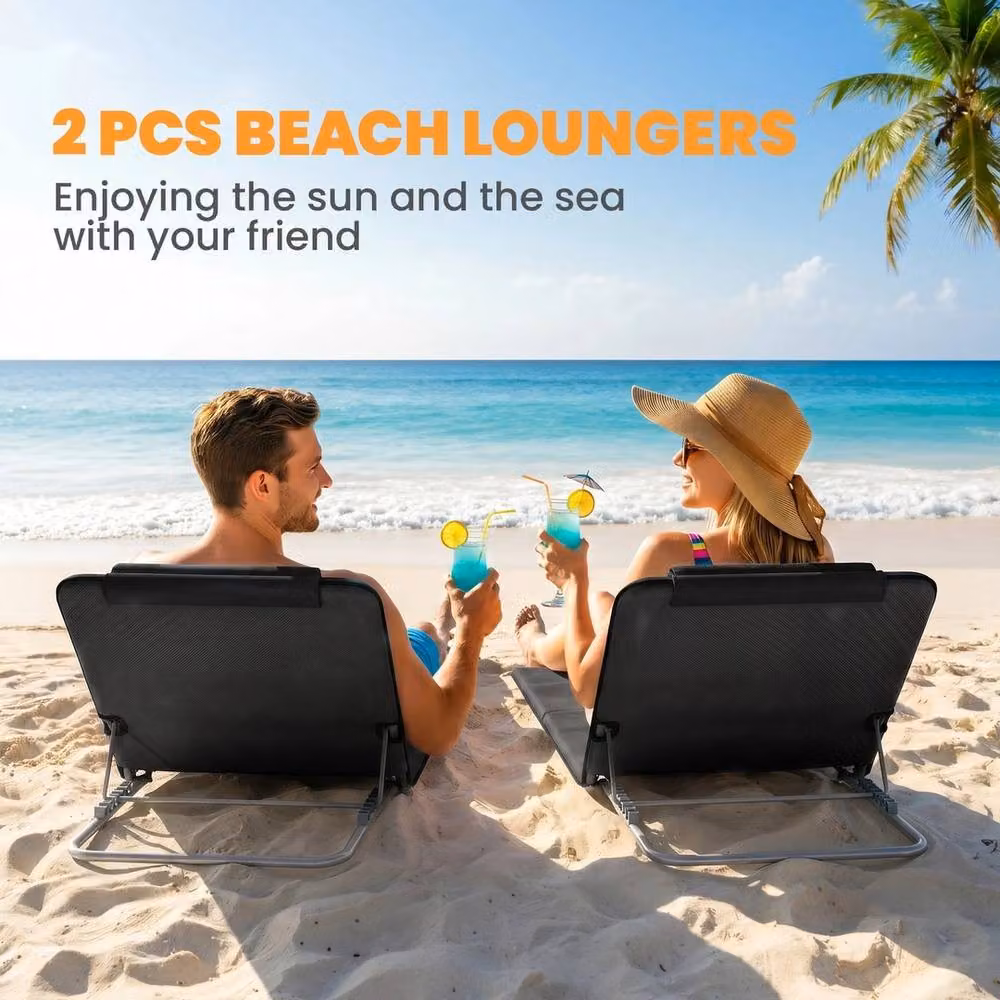 EONLION 2 Piece Black Textilene Beach Mat and Reclining Chair Set with Adjustable Headrest, Width: 100 cm – 4