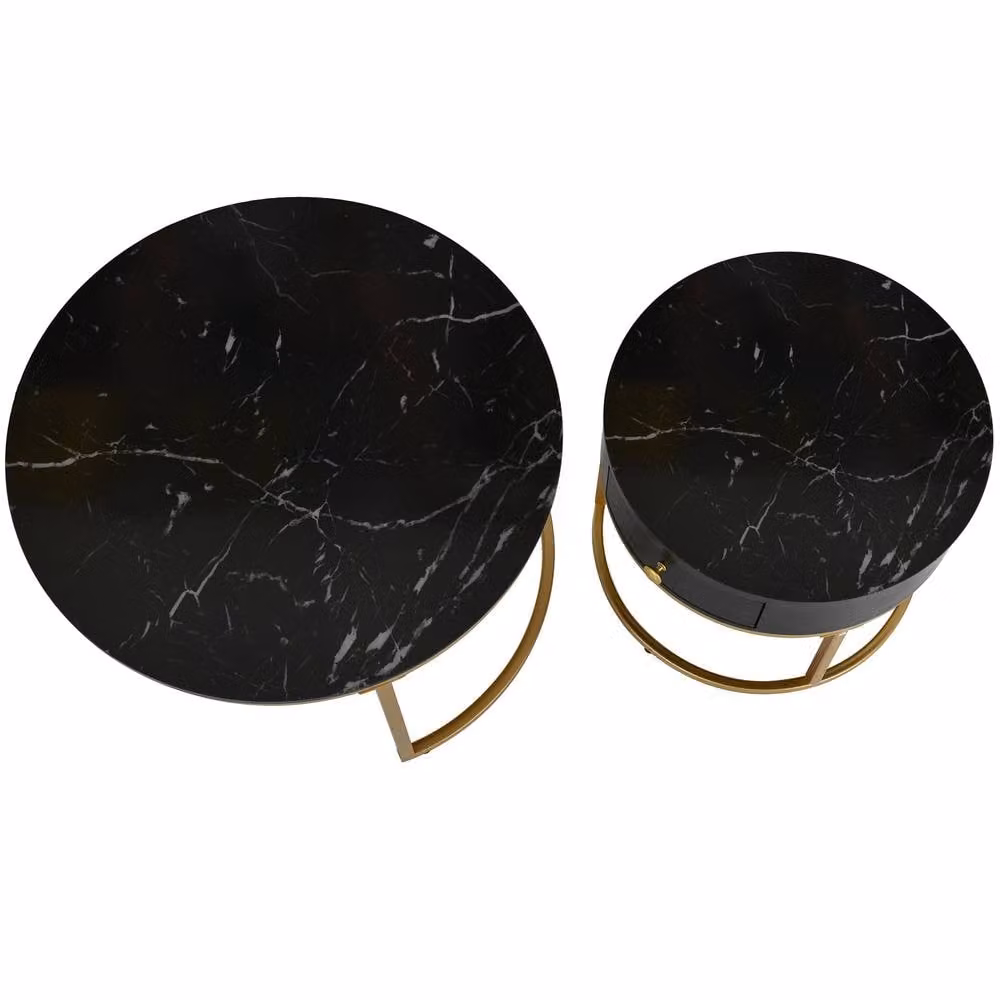 STILVORA Nesting Coffee Tables Set of 2 in Black and Gold with Round MDF Tops and Metal Sled Base – 6