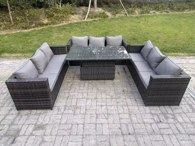 Fimous 9 Seater Rattan Outdoor Garden Furniture Set with Adjustable Rising Lifting Dining Table in Dark Grey