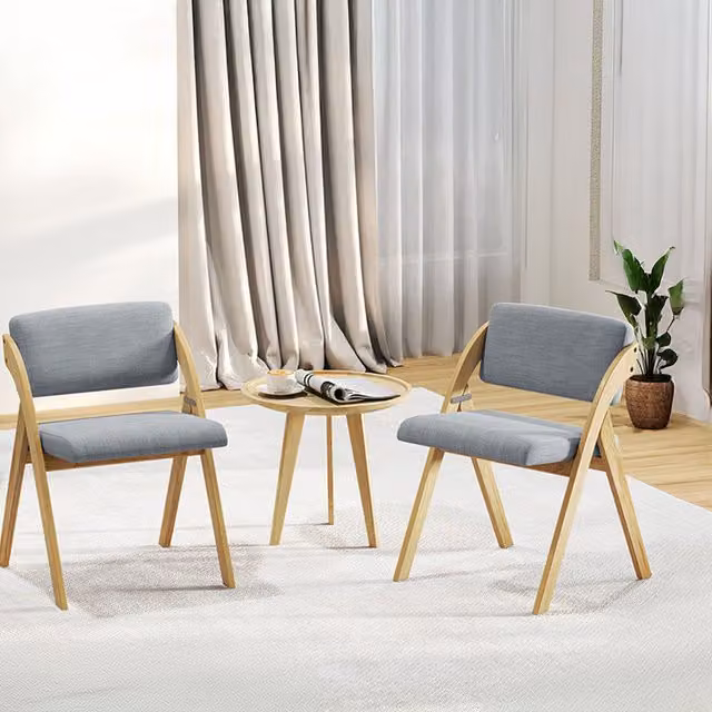 COSTWAY Set of 2 Grey Mid-Century Folding Dining and Kitchen Chairs with Rubberwood and Fabric