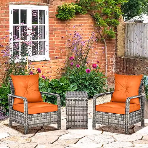 Outsunny 3 Piece PE Rattan Bistro Set with Storage Coffee Table and Chairs in Mixed Grey and Orange – 2