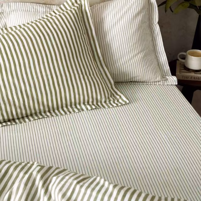 Make It A Home Hebden Melange Stripe Cotton Fitted Sheet, Green, W: 180 cm, D: 200 cm
